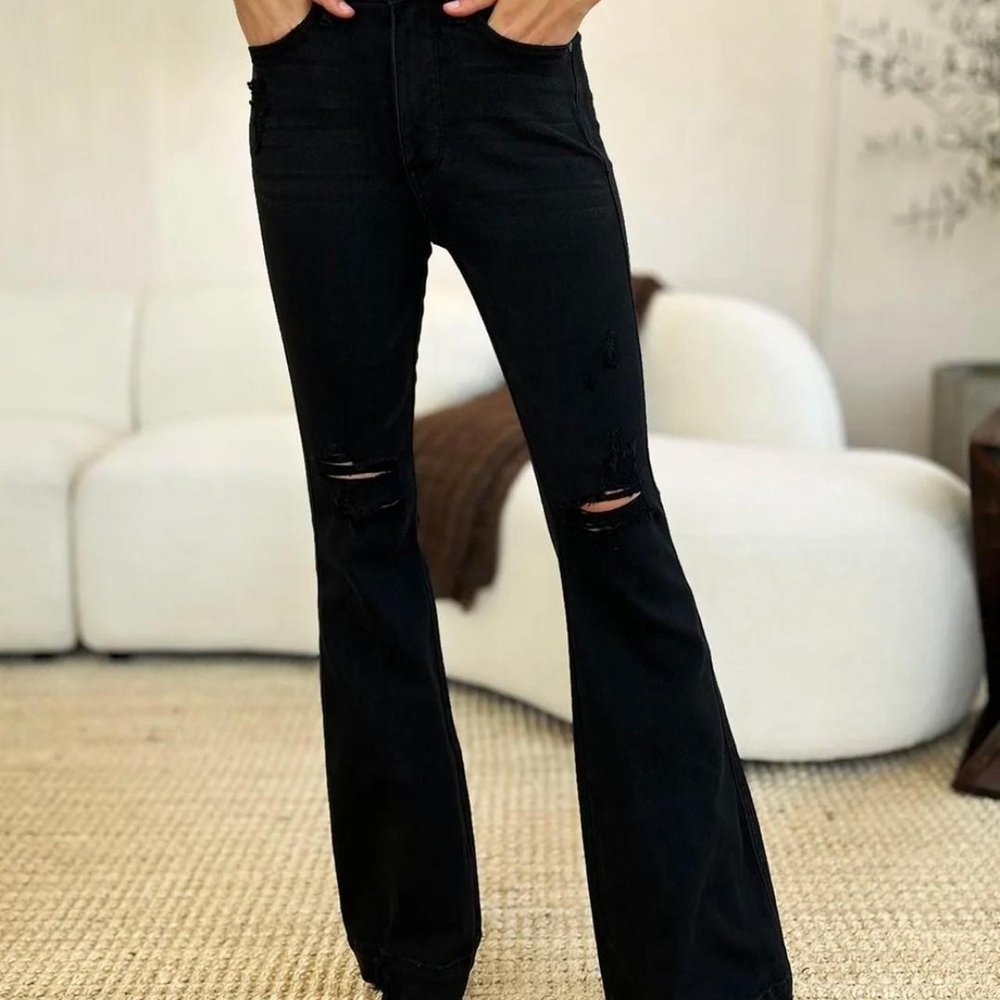 Judy Blue Black Distressed Flare Jeans Size 3/26 Inseam 30